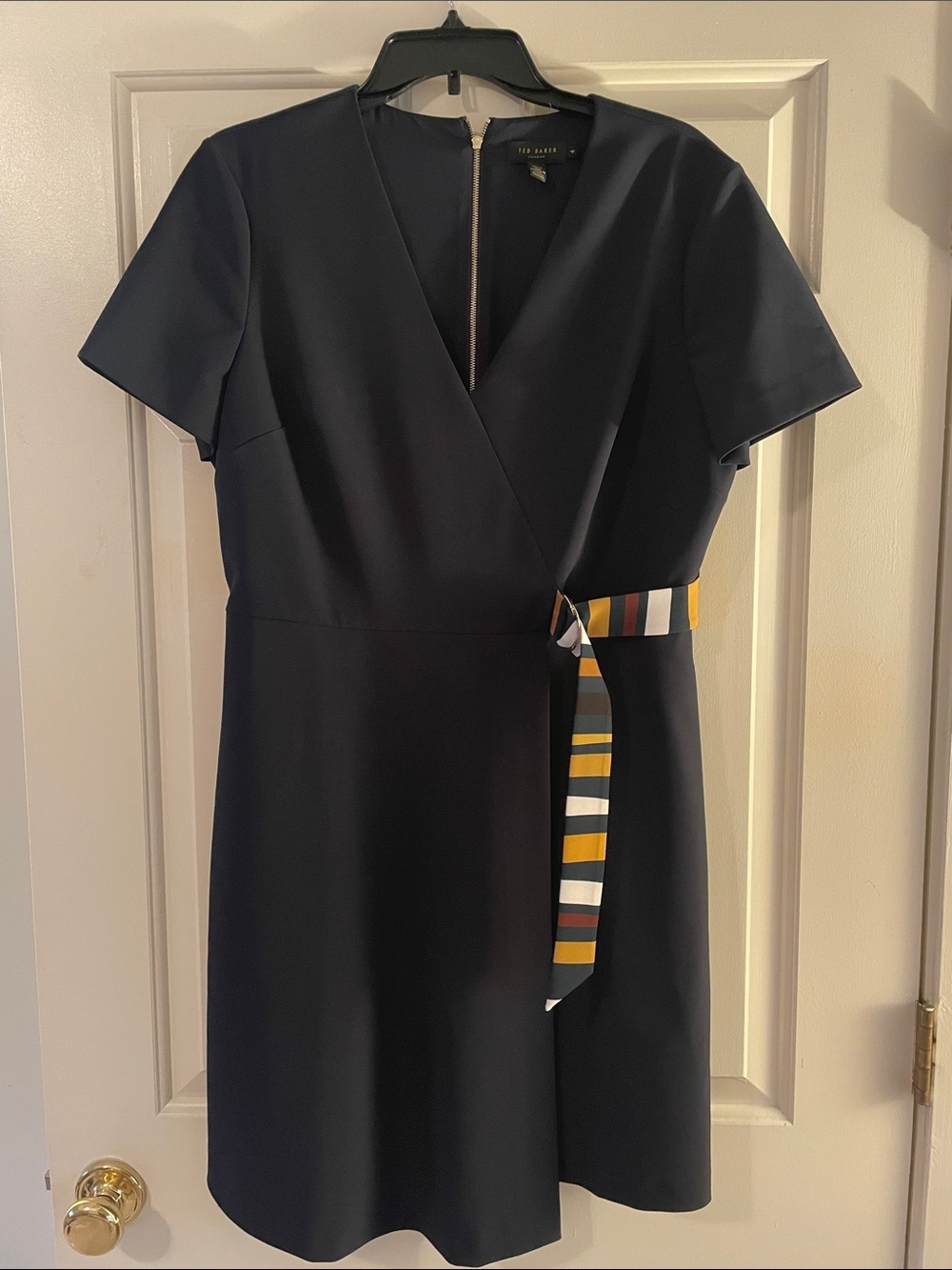 Ted Baker Navy Short Sleeve Faux-Wrap Dress with Striped Tie